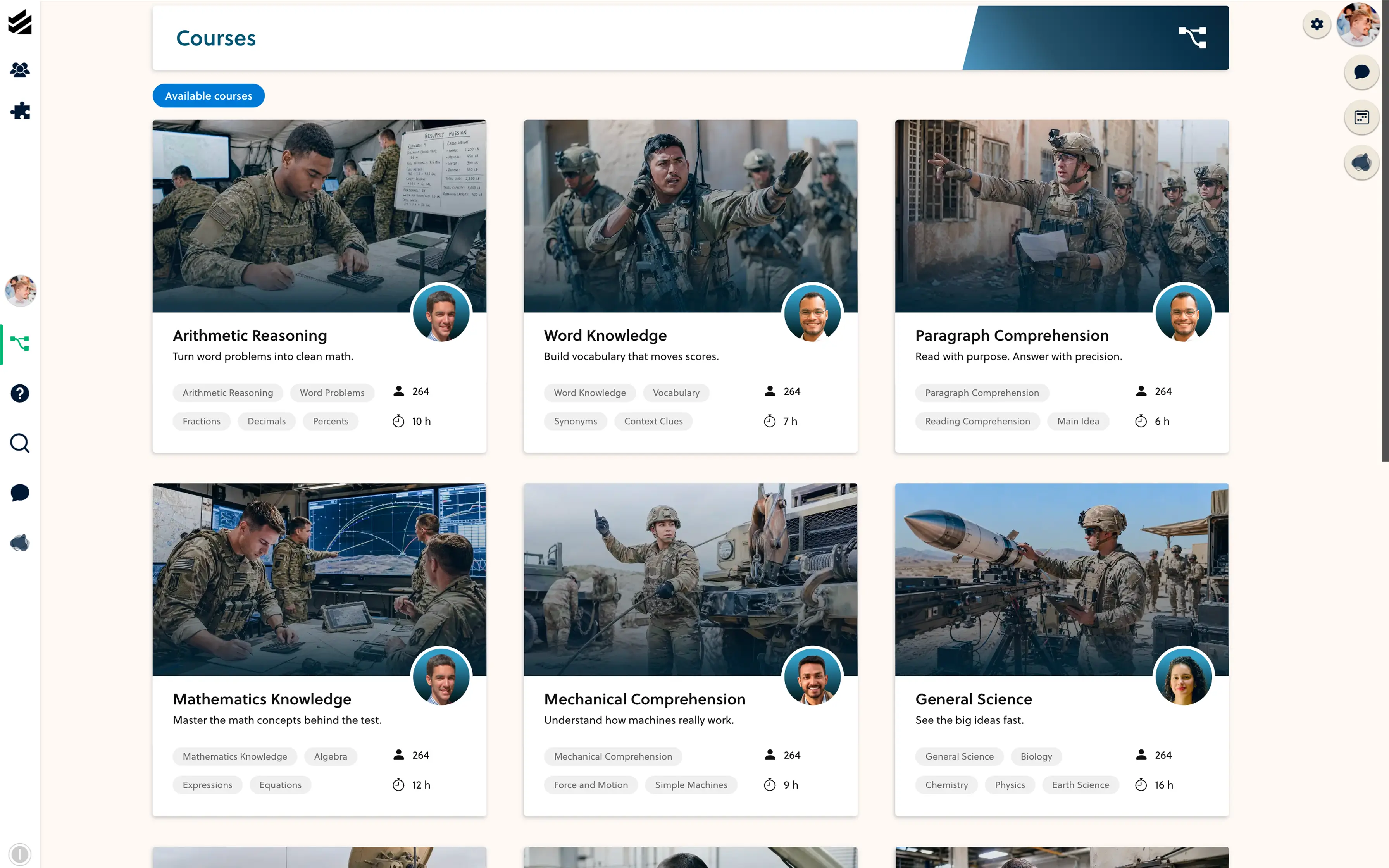 MeritMarch platform preview showing section-based ASVAB prep flows.