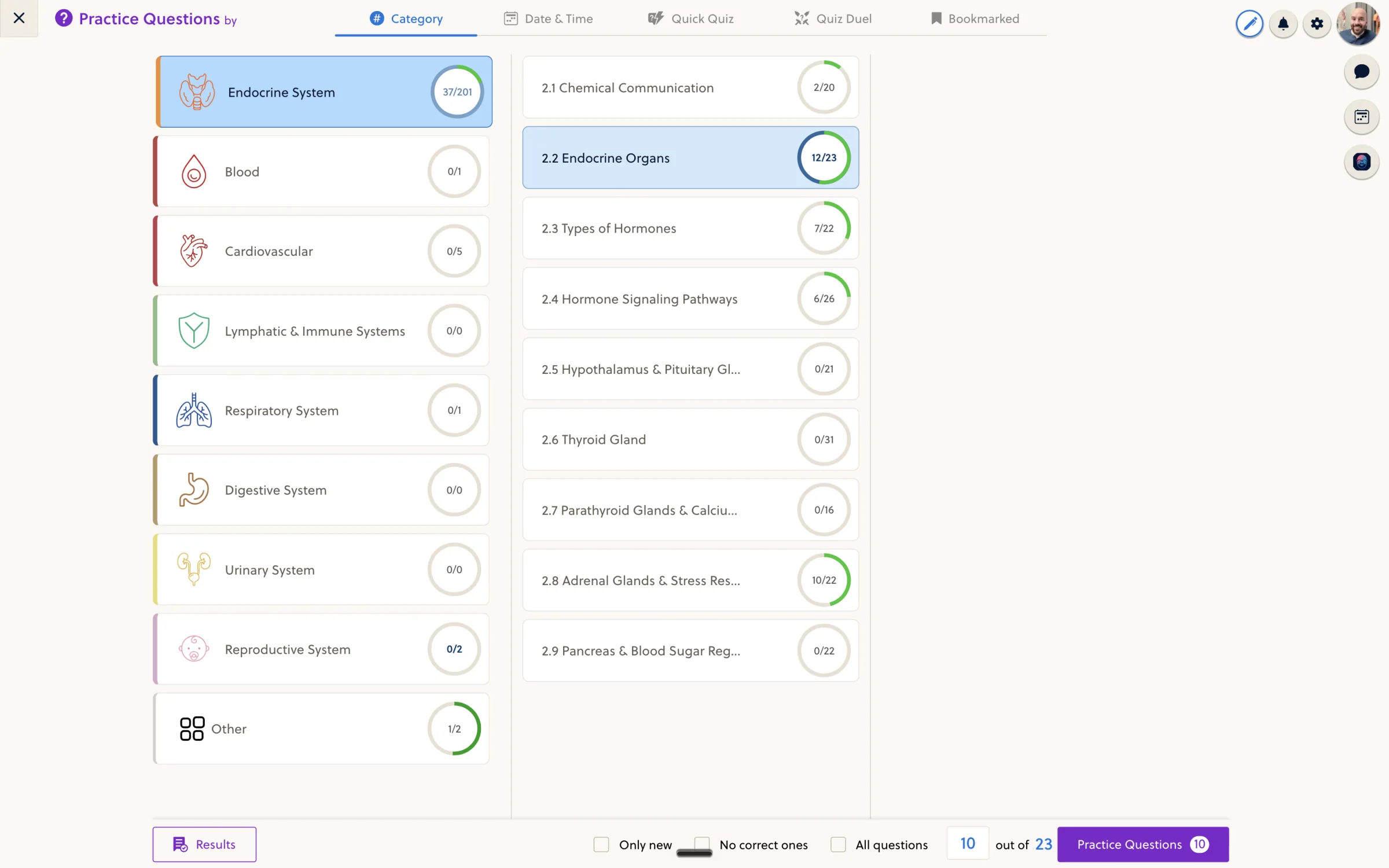 A&P 2 practice-question dashboard